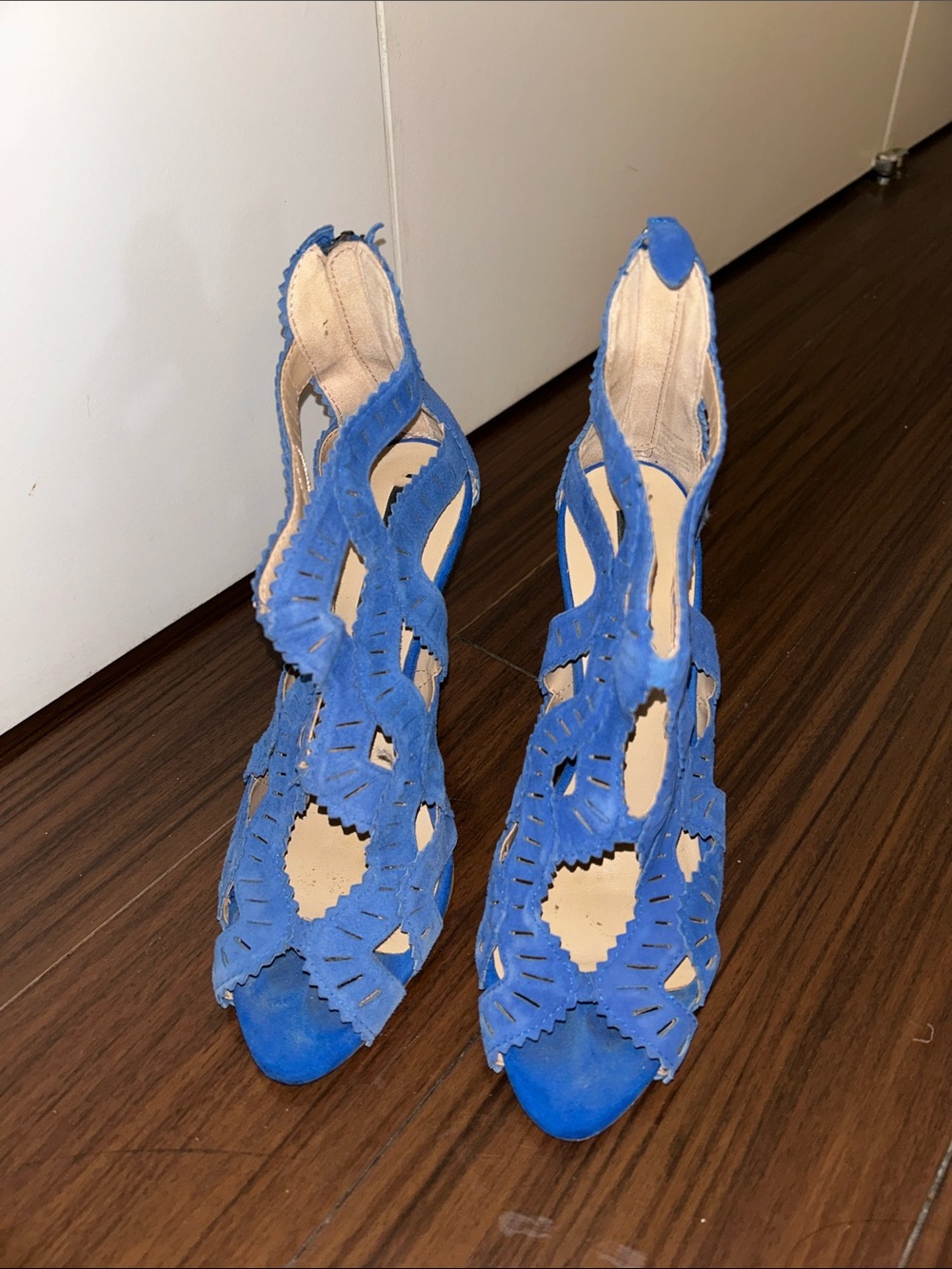 Zara Bright Blue Laser-Cut Suede Stiletto Sandals Sz 37 - Picture 3 of 7